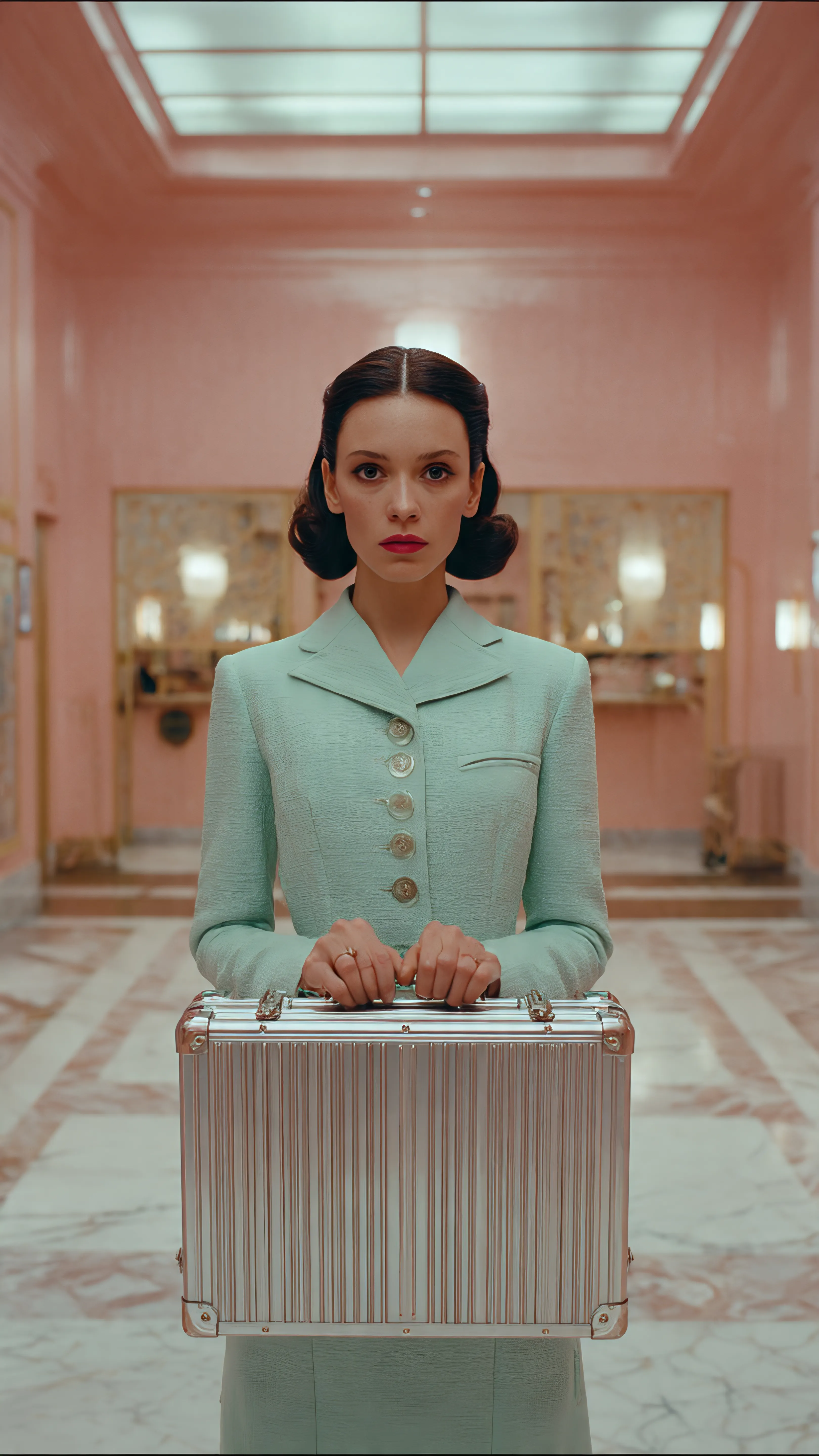 Elegant woman with pristine luggage in a symmetrical, artistic setting